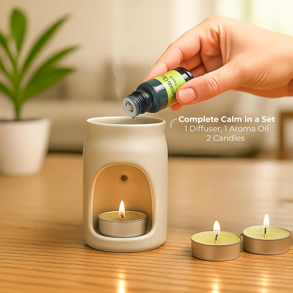 Hamira Decor Aroma Diffuser Set - Ceramic Oil Burner with 2 Tealight Candles & 10ml Essential Oil - Compact & Elegant - Set of 3