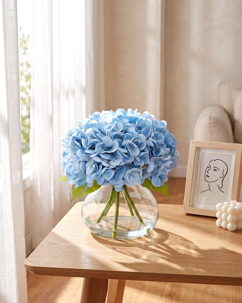 Hydrangea Artificial Flowers with Vase, Real Touch Latex, Blue - Set of 5