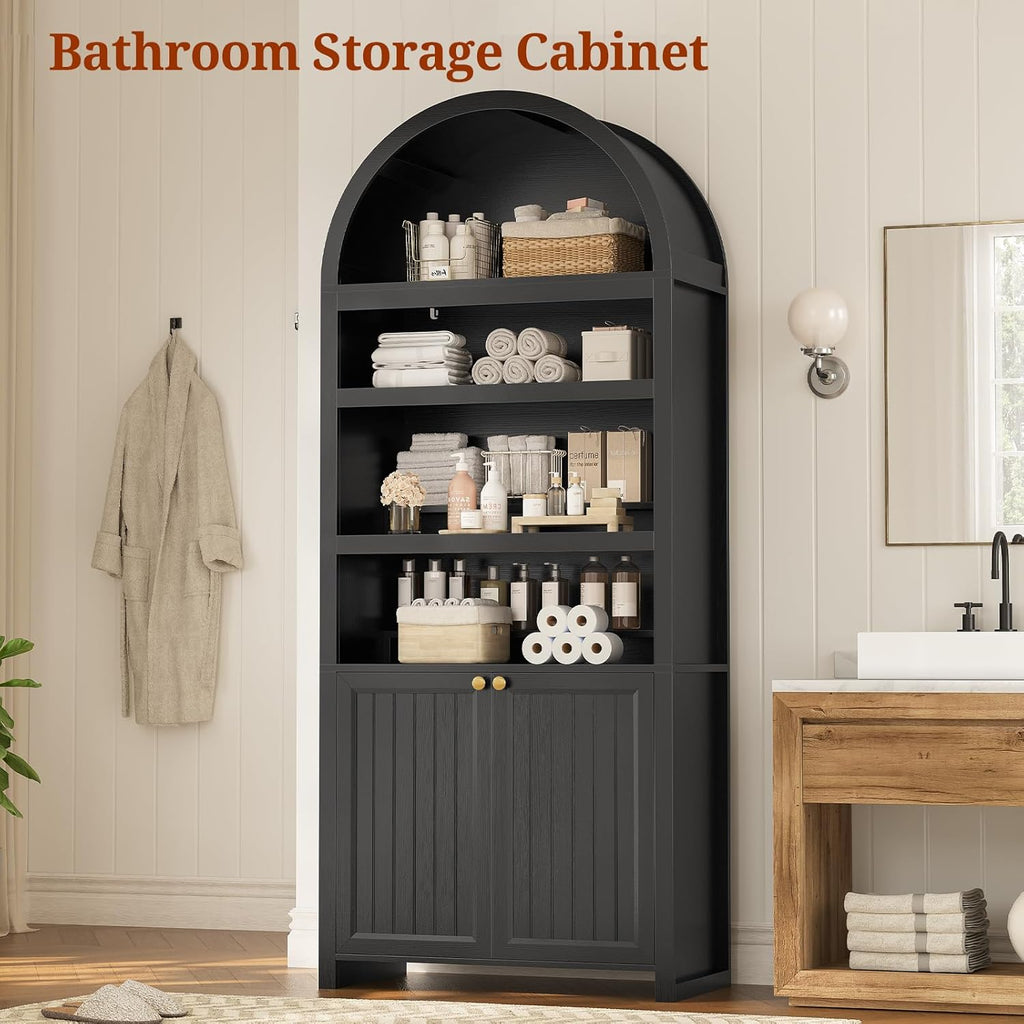 81" Tall Arched Cabinets,Bookcase with storage,Mid-Century Modern 6-Tier Bookshelf with Door,2 Book Risers and