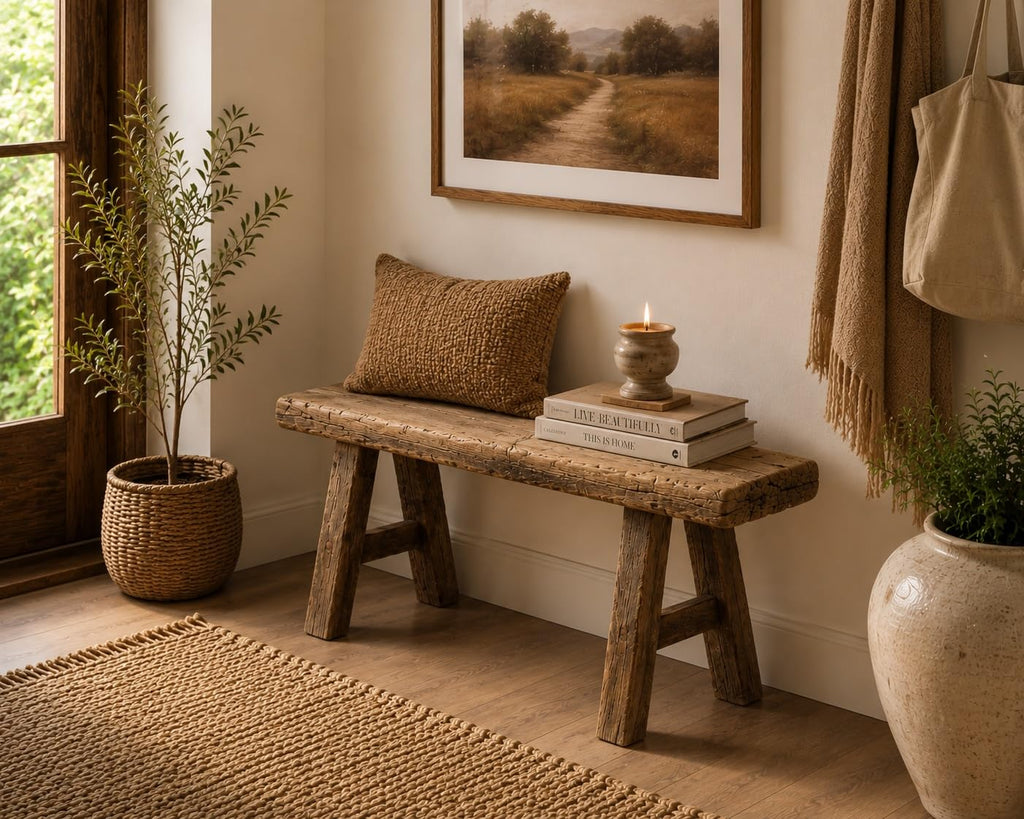 Handmade Wooden Entryway Bench, Vintage Noodle Bench, or Entryway, End of Bed Bench, Weathered Natural Wood Bench