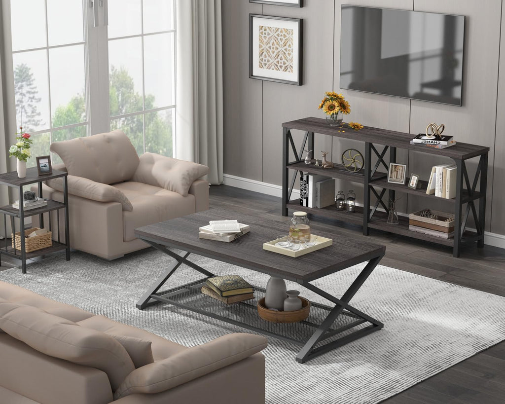 Wood Coffee Table, Center Table with Storage, Dark Gray Oak, 47 Inch