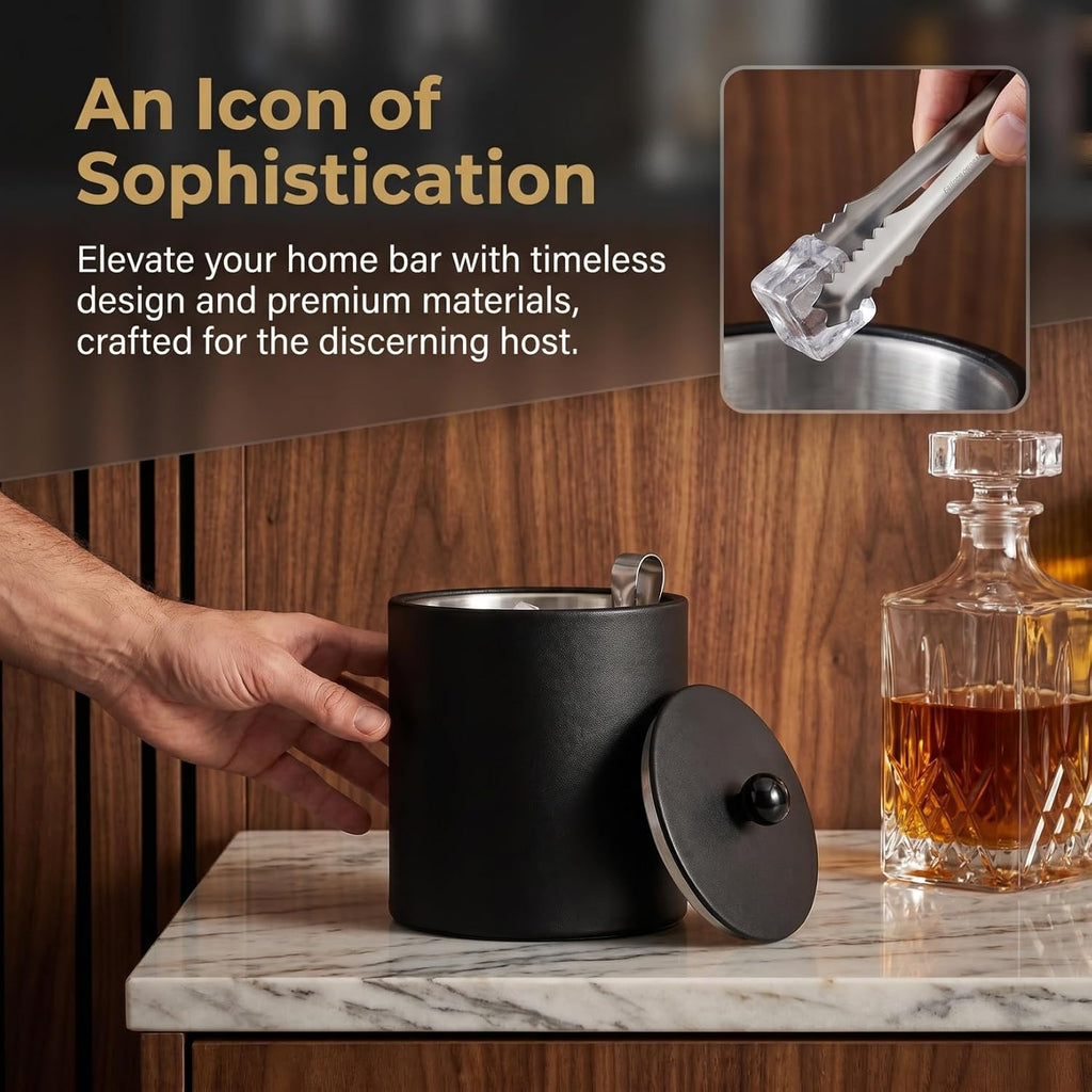 Ice Bucket with Lid & Tong - Insulated Stainless Steel Ice Bucket for Cocktail Bar & Parties - Black Double-Wall Wine