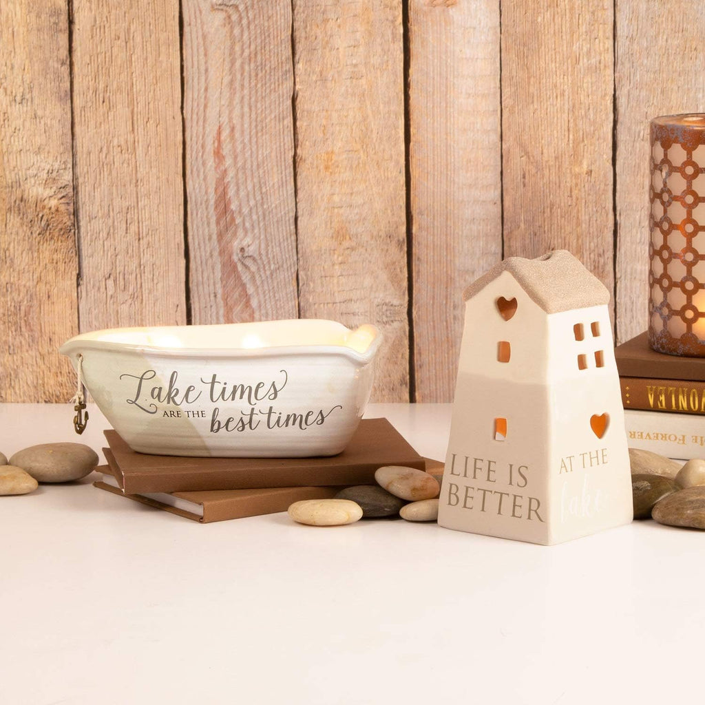 Lake Best Times-Ceramic Boat Shaped 3 Triple Wick Soy Wax Candle Scent: Tranquility, 10 oz 2.75 Inch Tall, Beige