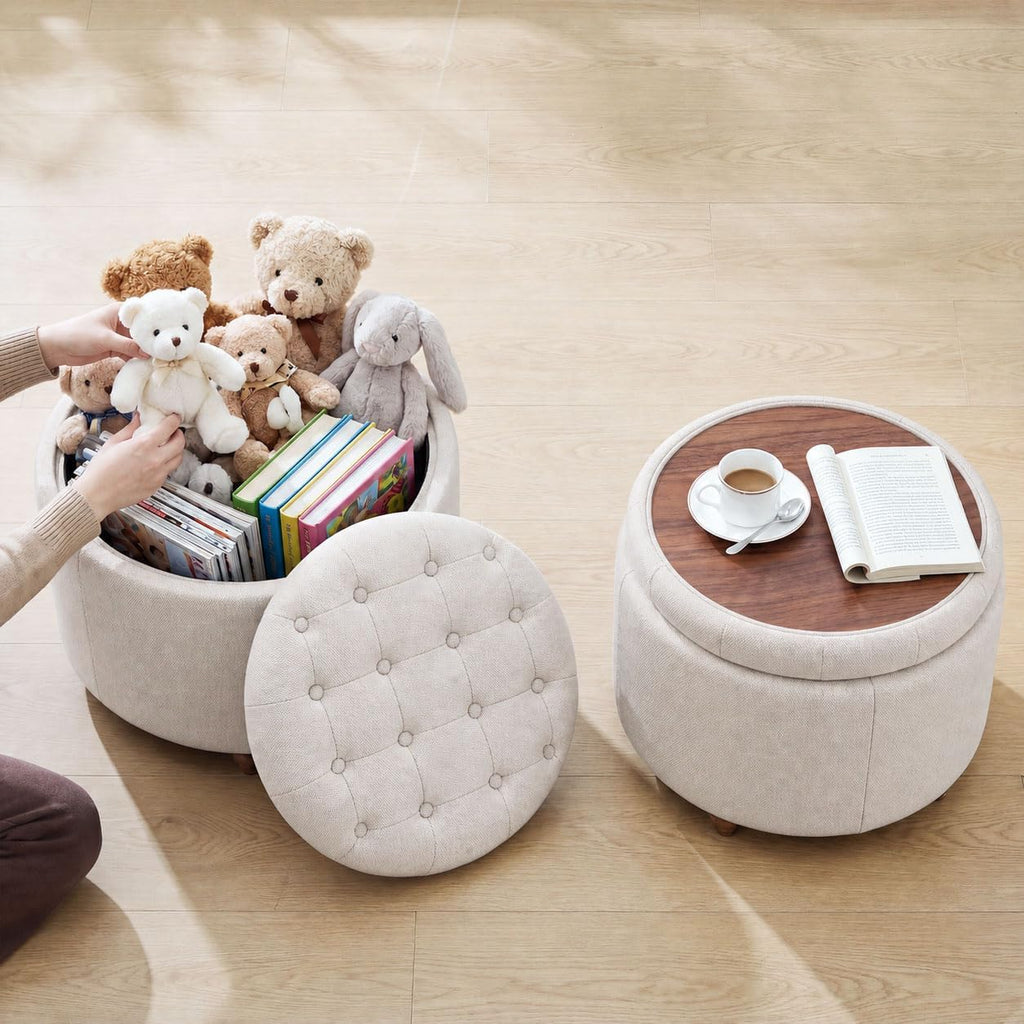 25" Round Ottoman with Storage, Small Coffee Table with Reversible Tray Lid | Tufted Fabric Round Storage Ottoman
