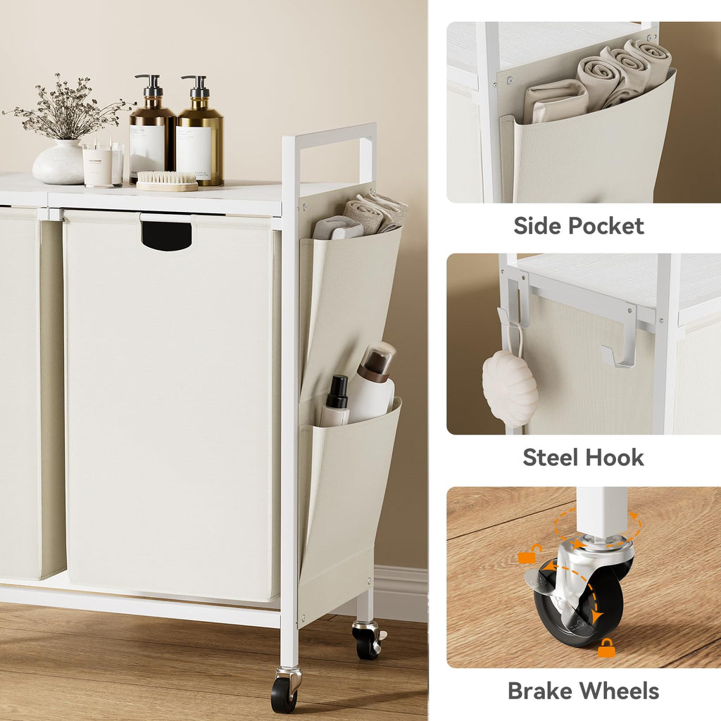 Double Laundry Hamper with Wheels, Rolling Laundry Basket Organizer