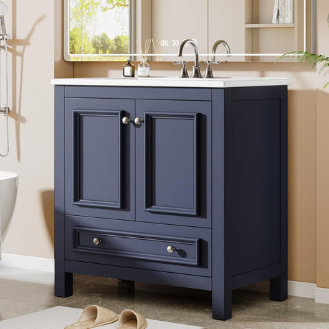 30" Modern Bathroom Vanity with Sink, Freestanding Bathroom Vanities Cabinet with Ceramic Basin Combo