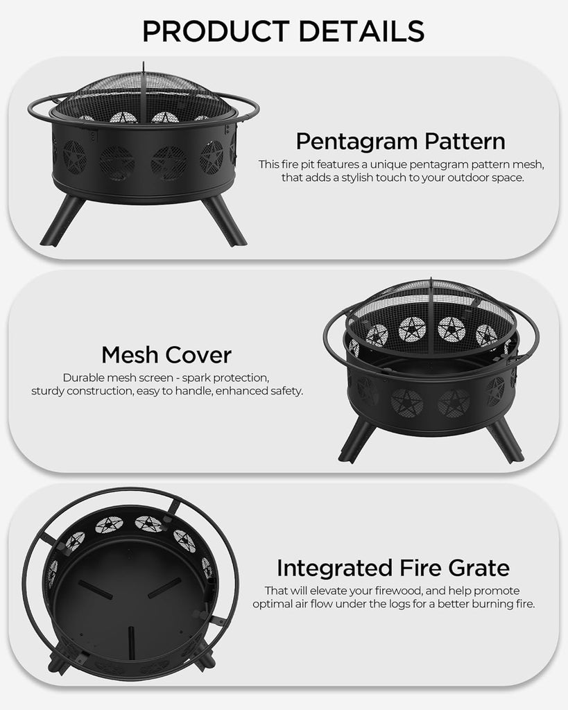 32 Inch Fire Pit with BBQ Grill & Mesh Cover, Wood Burning Fire Pits for Outside with Fire Poker