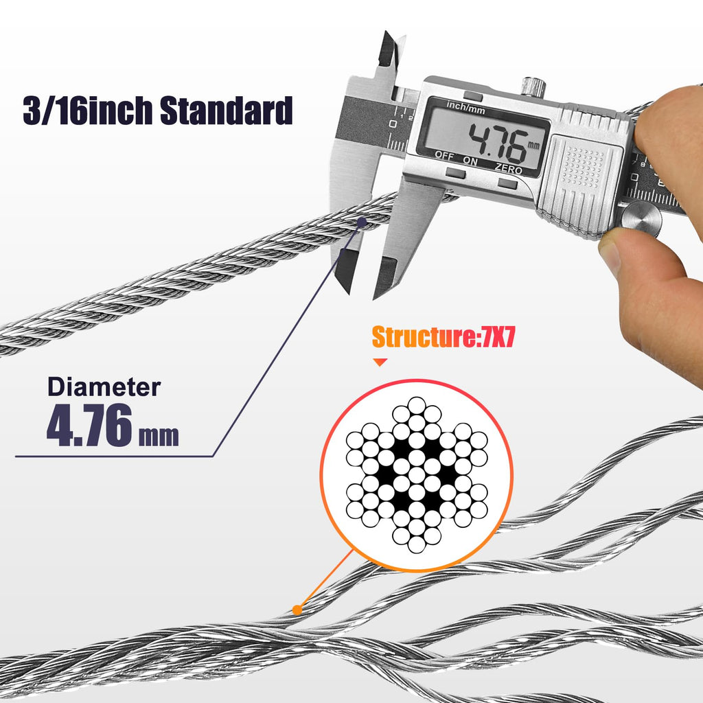 3/16" Stainless Steel Cable for Deck Cable Railing System, Premium T316 Cable Kits, 7x7 Strands Construction