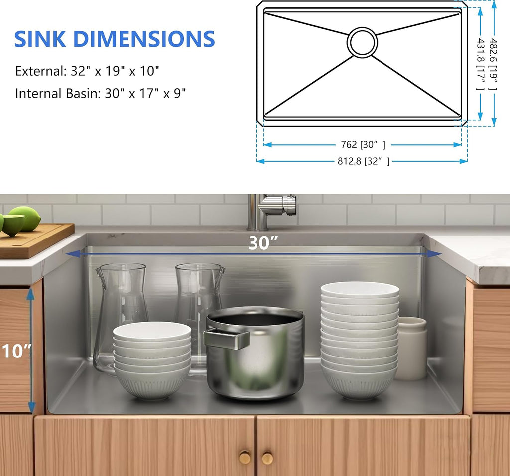32 Inch Workstation Kitchen Sink, 16 Gauge Undermount Sink | 304 stainless steel single bowl, 32"×19"×10", includes