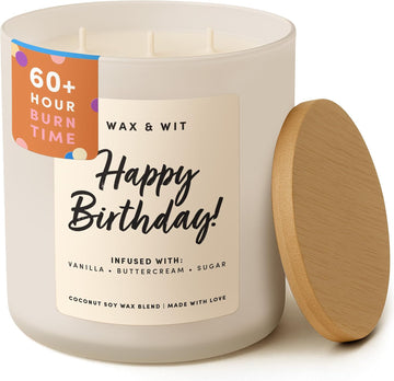 Happy Birthday Candle for Women - Birthday Cake Scented 3-Wick, Vanilla Buttercream, Large 14.5 oz Coconut Soy Wax