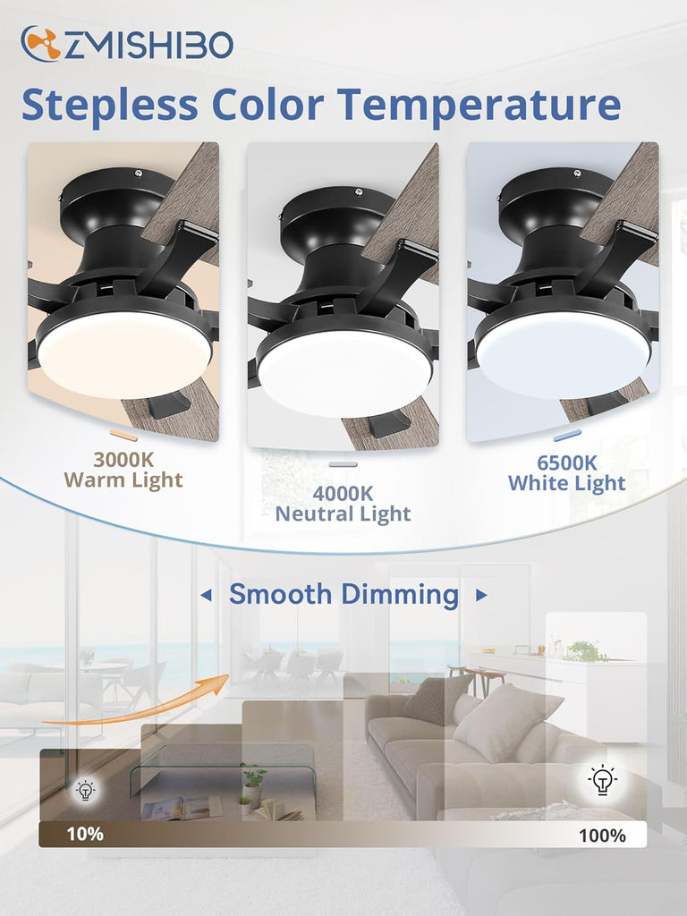 52 Inch Ceiling Fan with Light, App&Remote Control, Flush Mount Low Profile, Dimmable 20W LED Light, Quiet Reversible Motor for Bedroom, Living Room, Apartment, Black A101-B0DPHBLS5W