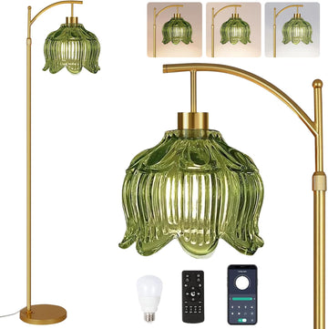 Glass Floor Lamp, Gold Mid Century Modern Standing Lamp with Remote, Dimmable Brass Tall Lamp Vintage Tulip Green Arc