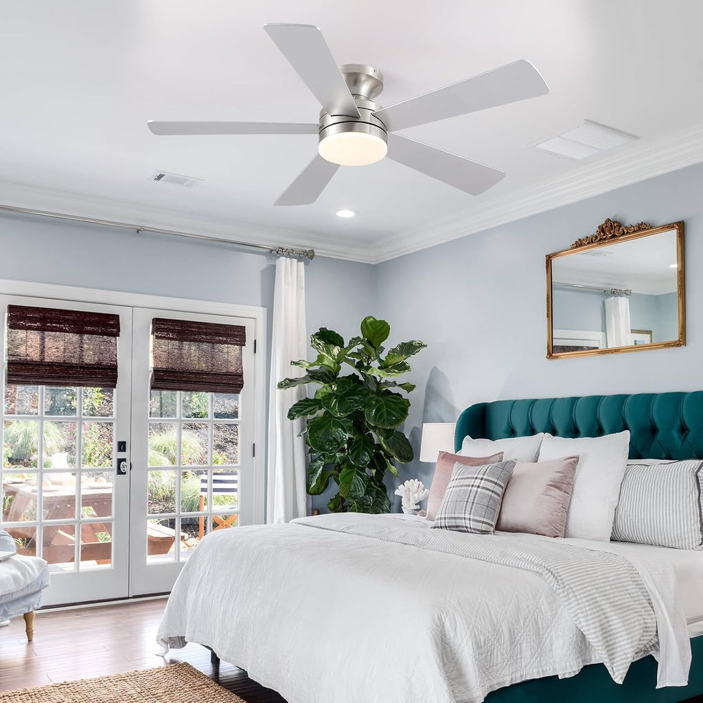 46IN Ceiling Fan with Lights and Remote/APP - Flush Mount Low Profile Ceiling Fan Light with 3CCT Dimmable, 6 Speeds Reversible, Modern Fan Light Fixture for Indoor, Covered Patios, Nickel A101-B0DKDY84QF