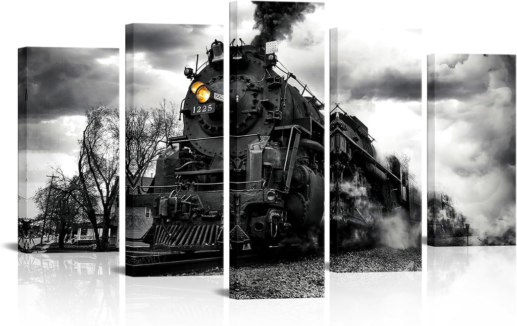 Black and White Train Canvas Wall Art, 5 Piece Set | 8"x16"x2pcs, 10"x20"x2pcs, 10"x24"x1pc Framed Waterproof Canvas