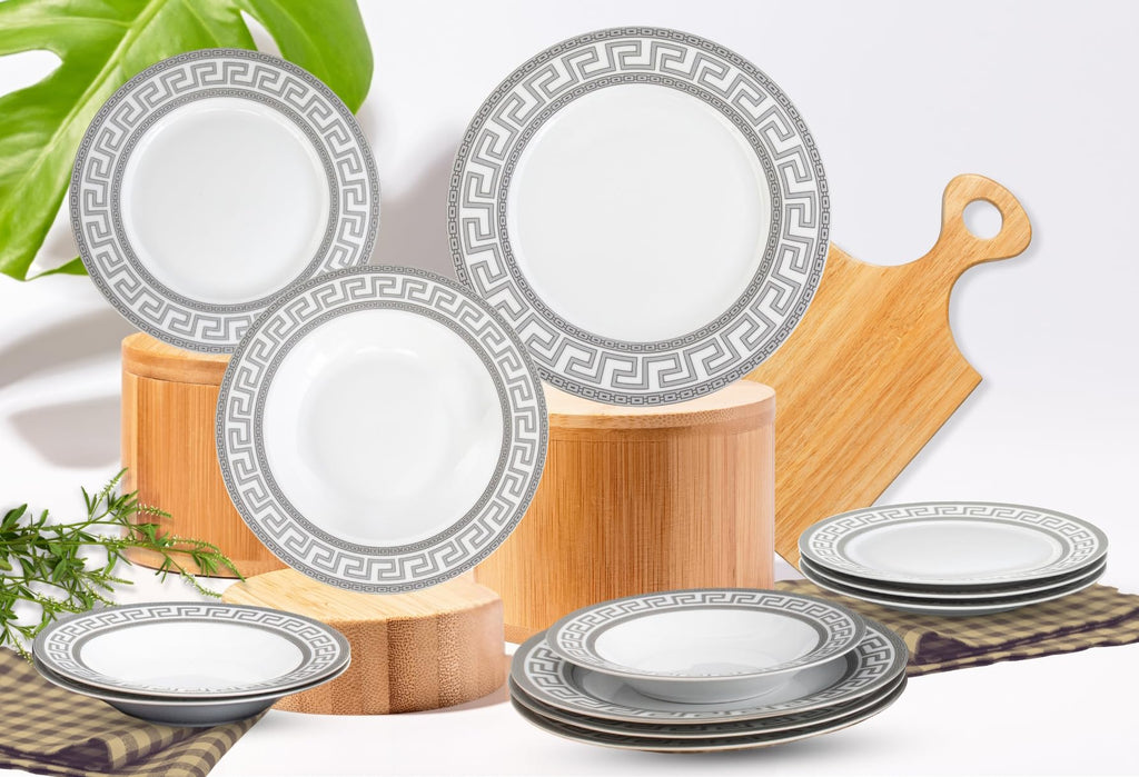 Porcelain Dinnerware Set for 4-12 Piece, Elegant Meander Silver