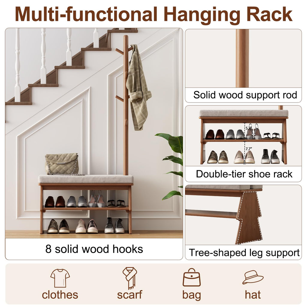 Coat Rack with Shoe Storage, Shoe Rack with 8 Hook, Walnut