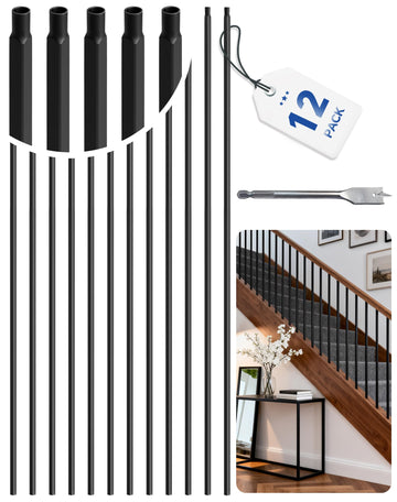 12 Pack Iron Balusters for Staircase Interior, 44 Inches Square Hollow Metal Balusters, 1/2" Wrought Iron Stair Hand