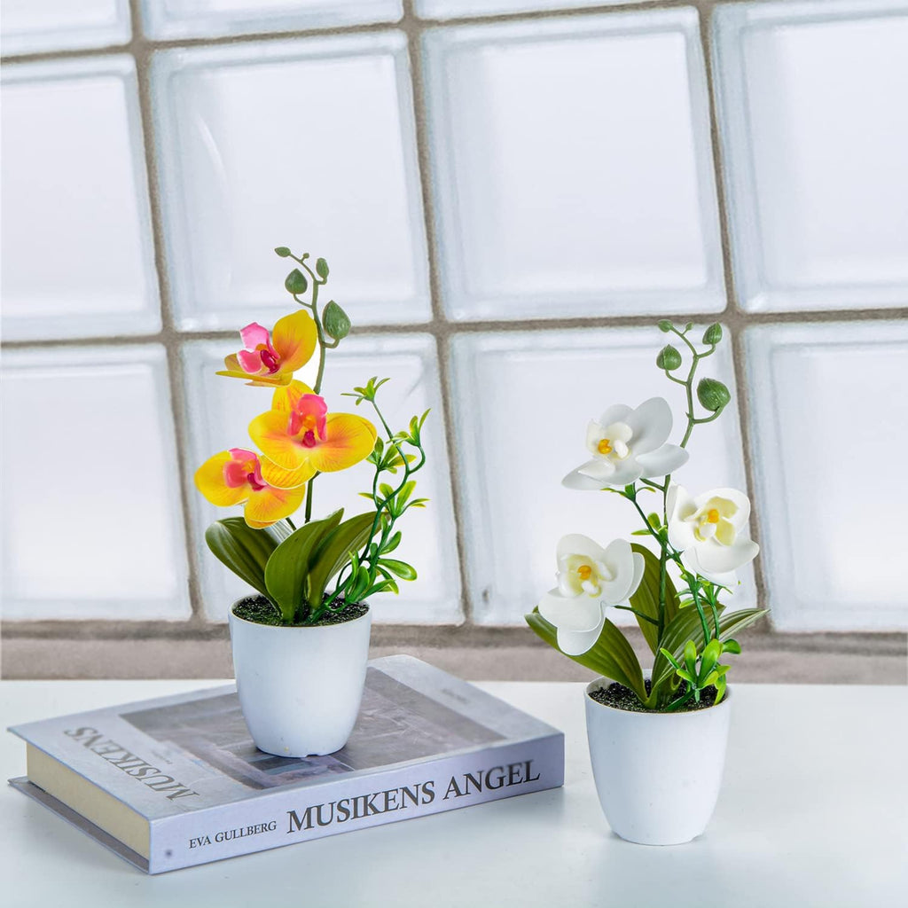 Artificial Orchid Flowers Mini Potted Orchid Flowers Fake Orchids with Plastic Vase Wedding Table Centerpiece - Set of 4
