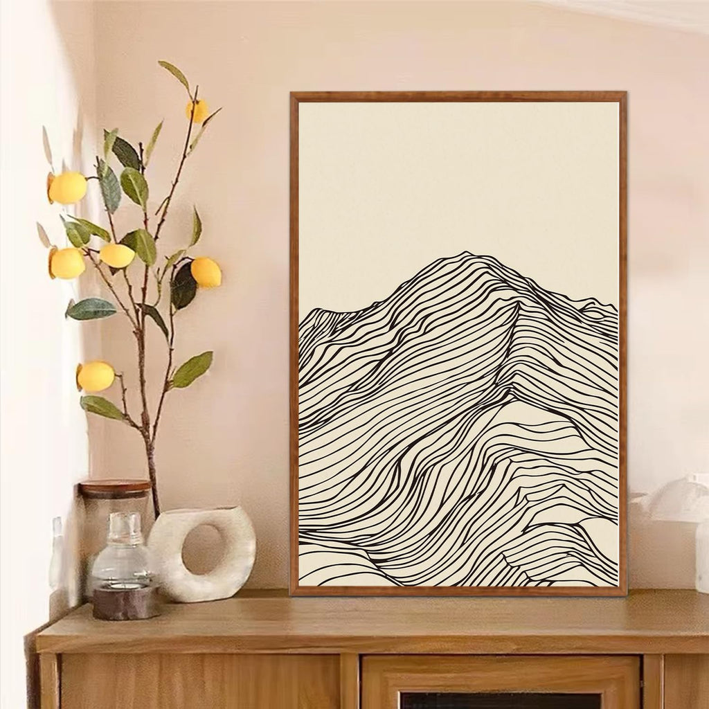 Abstract Wave Line Mountain Framed Canvas Wall Art, Boho Sun Wall Decor, Minimalist Beige Artwork -24"x36"x3