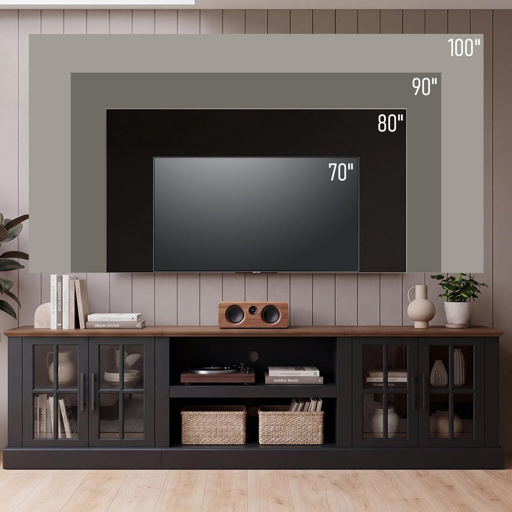 90" Farmhouse TV Stand for TVs up to 100", Media Entertainment Center with Adjustable Shelves and Large Storage
