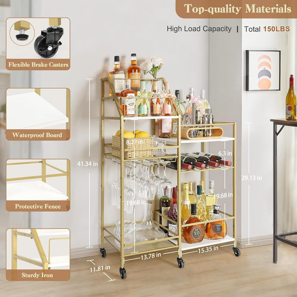 Gold Bar Cart With Wine Glass Holder, Stand , Small Mini Bar for Whiskey Wine, Liquor Cart, Alcohol Cabinet