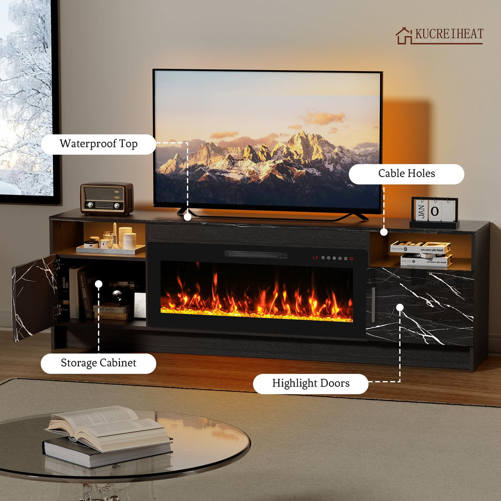 Fireplace TV Stand for 65-80 inch TV, Large Entertainment Center with Fireplace & LED Lights, High Gloss Living Room