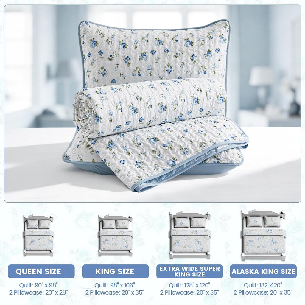 Oversized King Quilt Set 128x120 Blue Floral Extra Wide Super King Quilted Bedspread Coverlet 3-Piece Garden Style