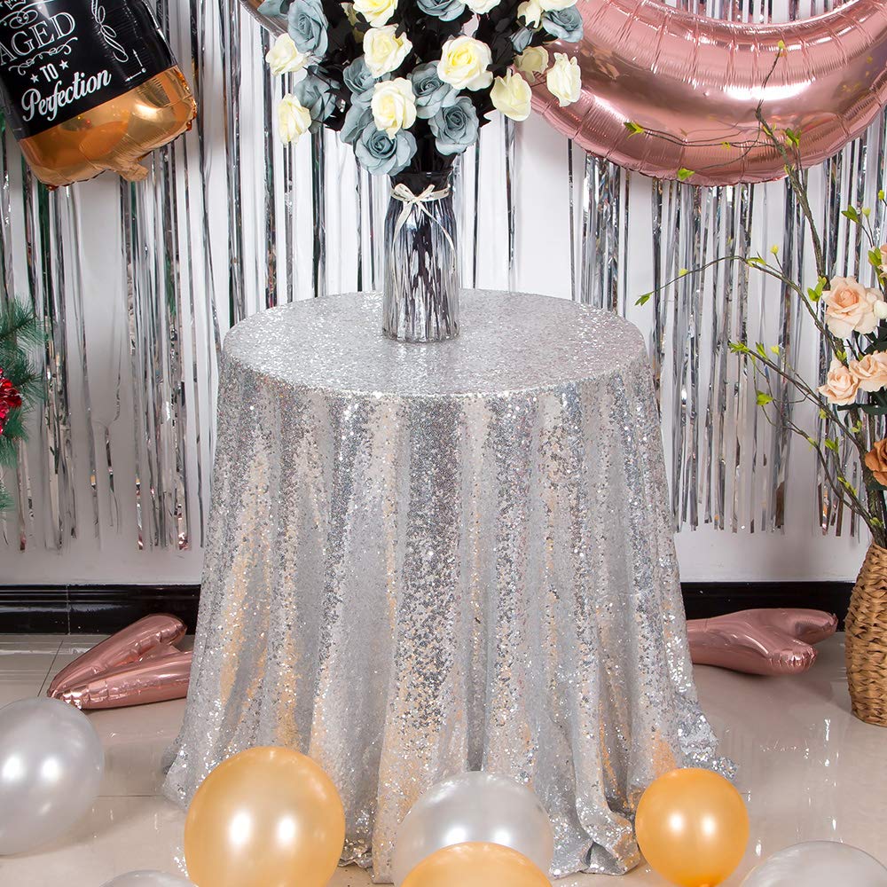 Silver Sequin Tablecloth, Glitter Party Table Cover 120 Inch Round