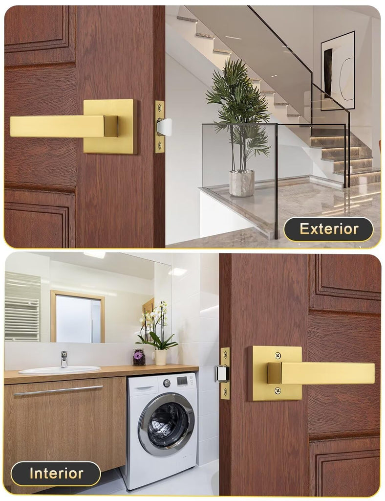 6 Pack Gold Keyless Square Levers Handles, Satin Brass Finish, Interior Passage Door Locksets for Hall Closet Door