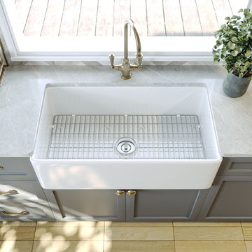 White Farmhouse Sink, Grove 33" L x 18" W Fireclay Kitchen Sink Apron Front, Single Bowl Farm Sink Apron Sink with
