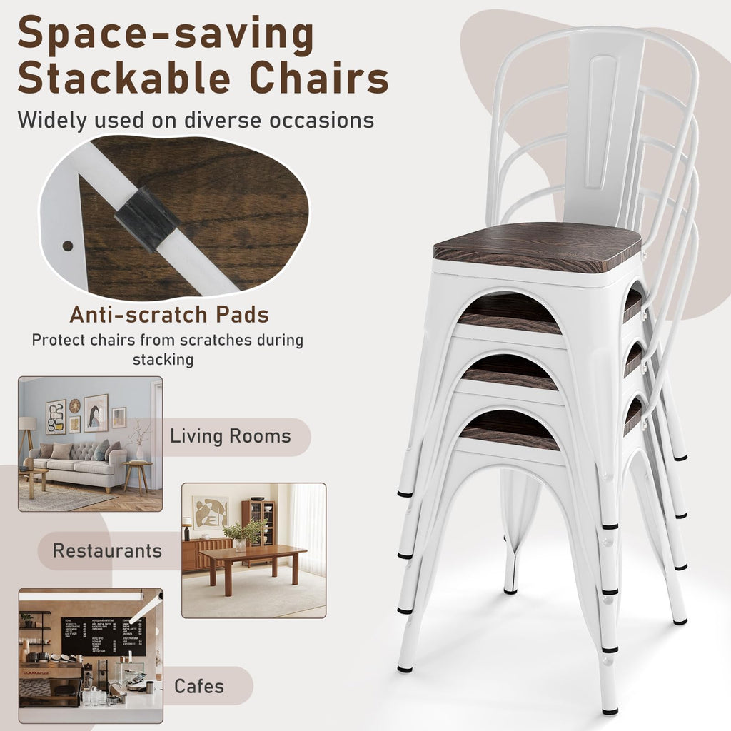 Stackable Metal Dining Chairs Set of 4 with Wood Seat and High Back