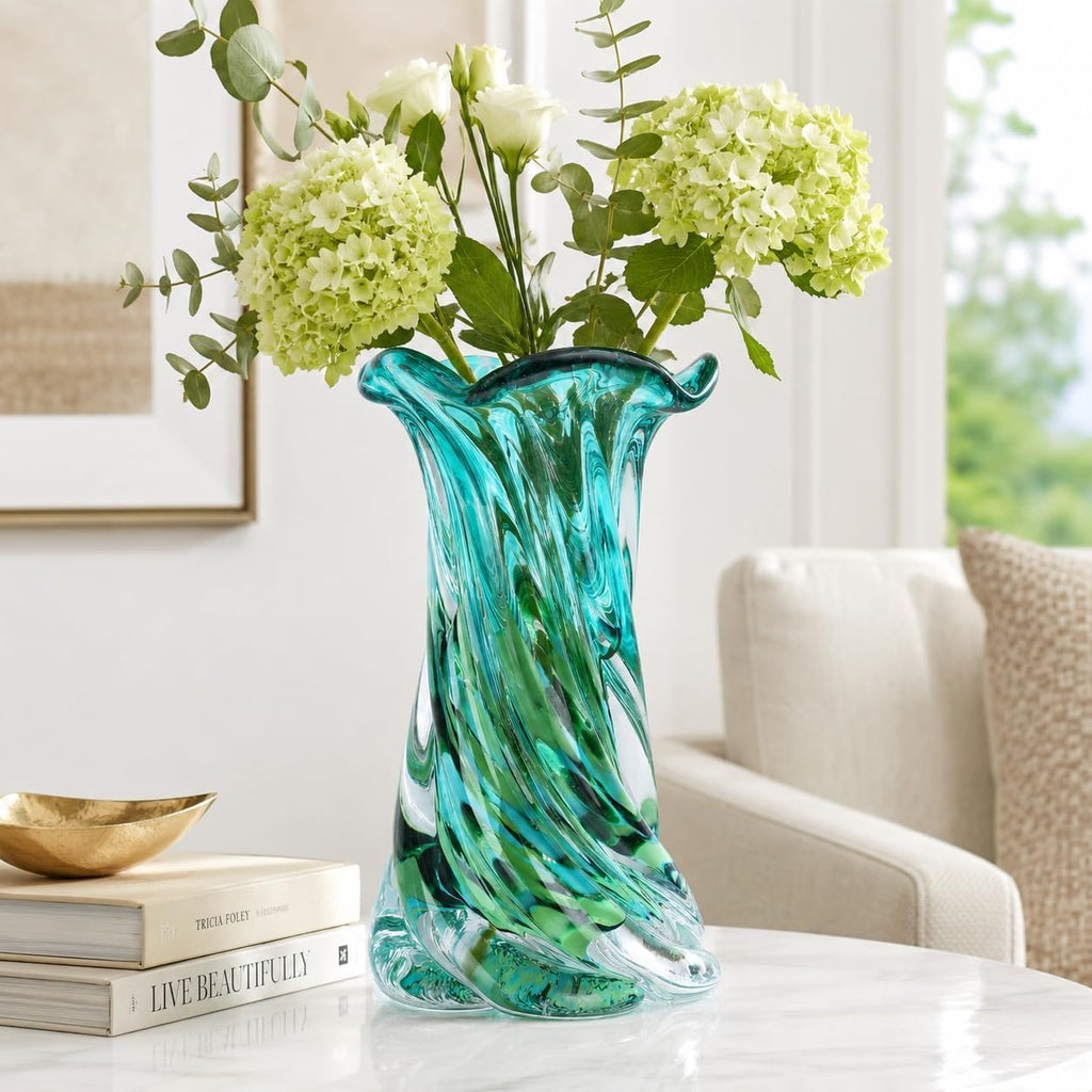 Hand Blown Glass Vase, Teal Green Emerald Gradient Wide Mouth Art Glass Vase, Unique Decorative Vase Coffee Table