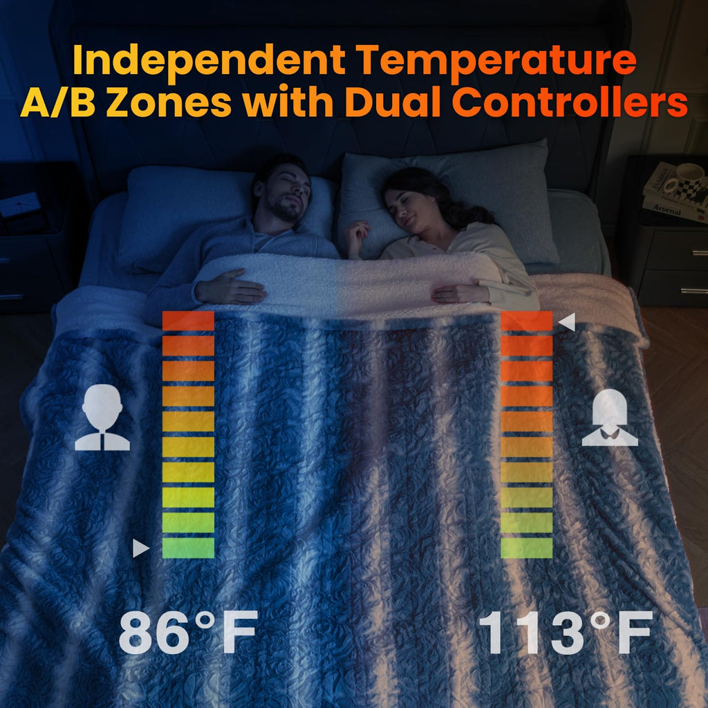 Heated Blanket Queen Size 84" x 90", Electric Blanket with Dual Controls, 0.5-12 Hours Timer & 10 Heating Levels, ETL