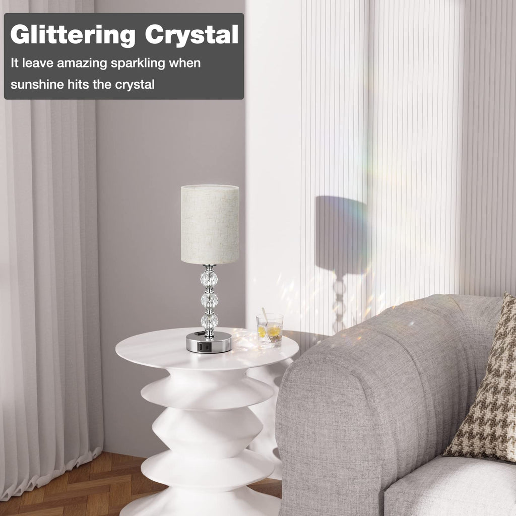 White Touch Bedside Lamps s - Crystal Table Lamp with USB C+A Charging Port and AC Outlet Nightstand, 3 Way Dimmable