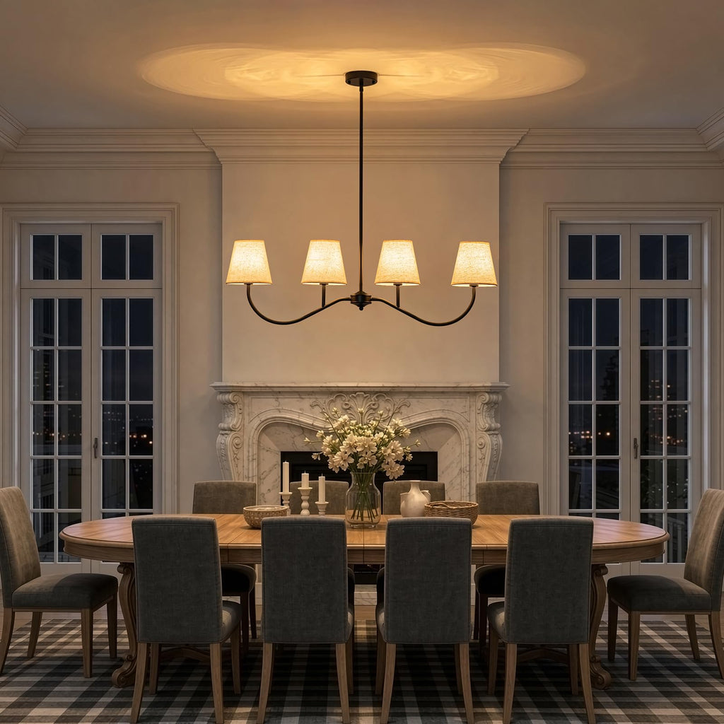 Matt Black Modern Linear Chandelier with White Fabric Shades
