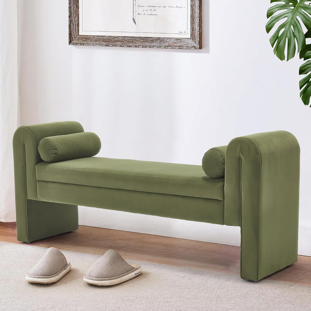 60.5" Velvet Upholstered Entryway Bench, Ottoman Bench End of Bed Bench with Armrest, Bedroom Bench with 2 Lumbar