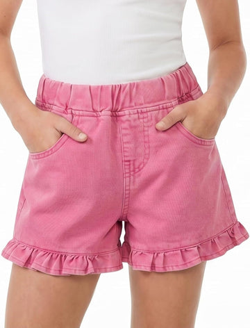 Girls Ruffle Denim Shorts Elastic High Waisted Summer Cotton Short Jeans with Pockets