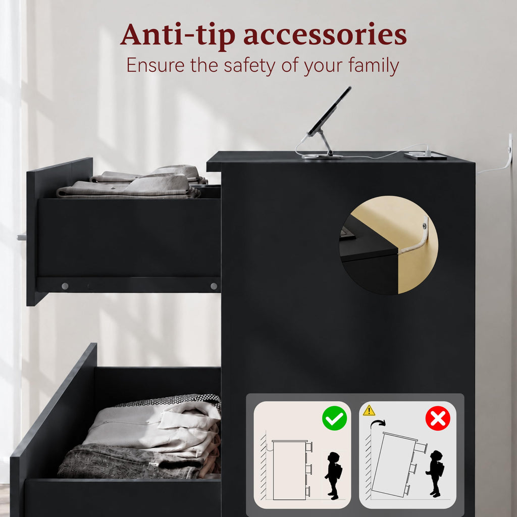Tall Dresser Wooden 6 Drawer Dresser with Power Outlet Chest of Drawers with Large Organizer and Smooth Metal Rail