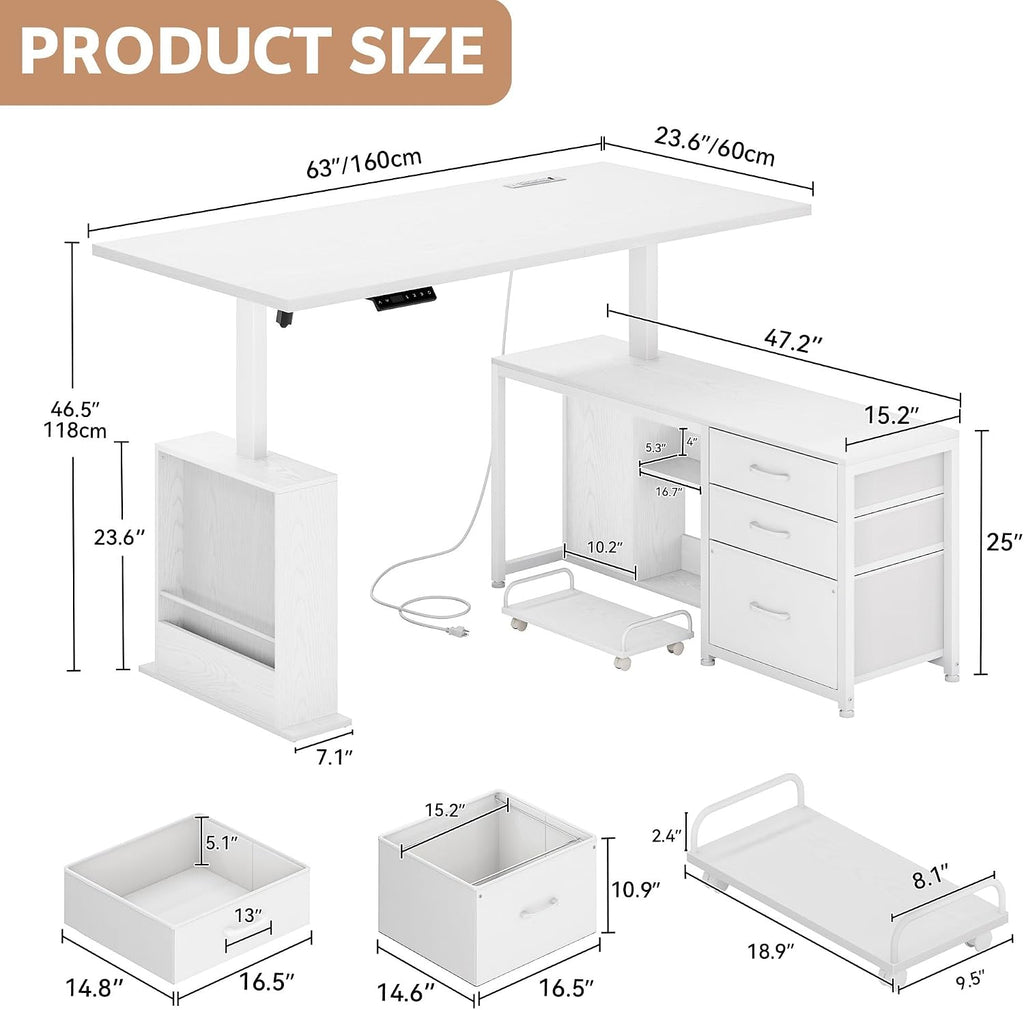 63'' L Shaped Desk with 3 Drawers Electric Standing Desks White | with Storage Computer Desk Adjustable Height with