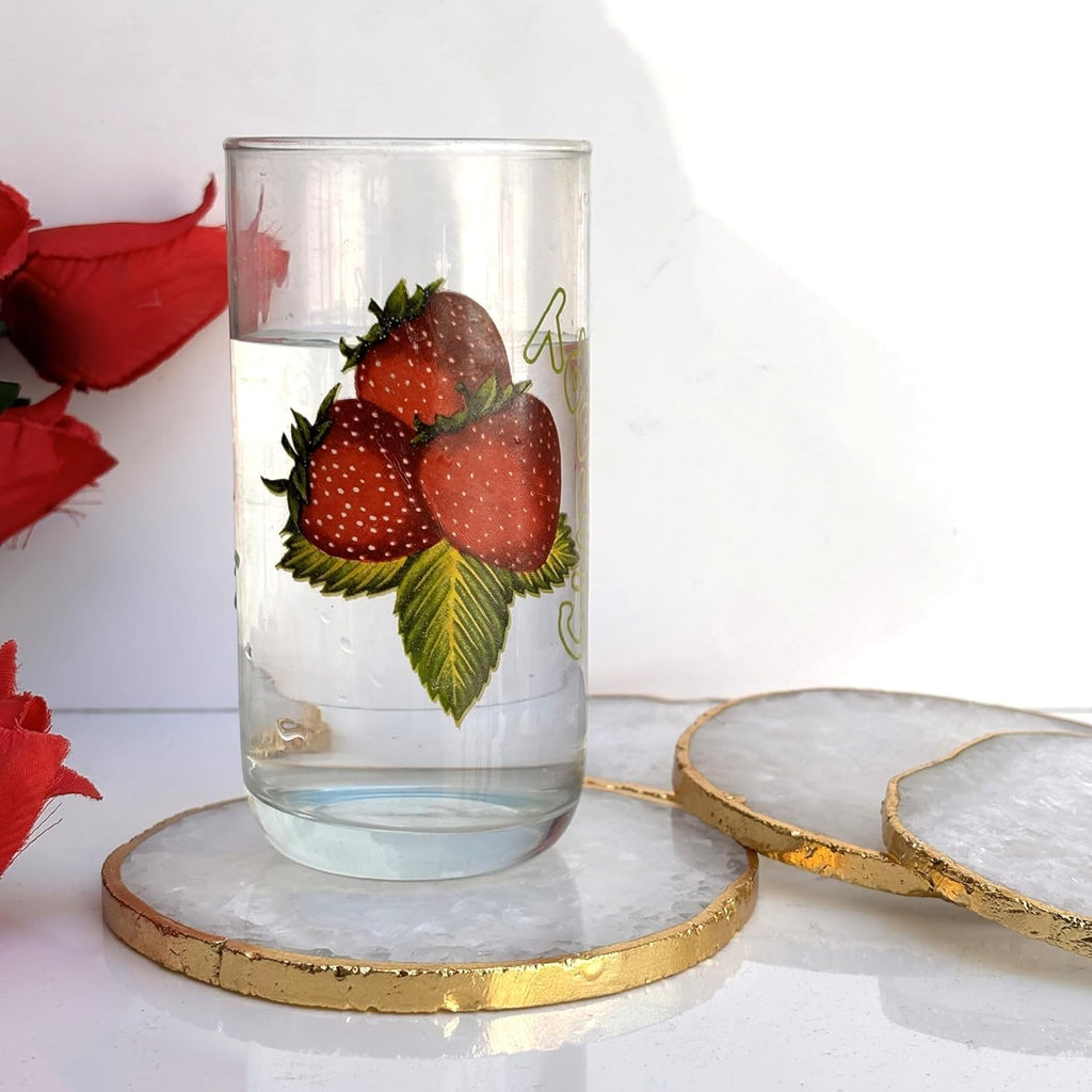 White Agate Stone Crystal Coasters with Gold Edge White Agate Coasters 3.5 to 4 inch Salted Agate Coaster - Set of 4