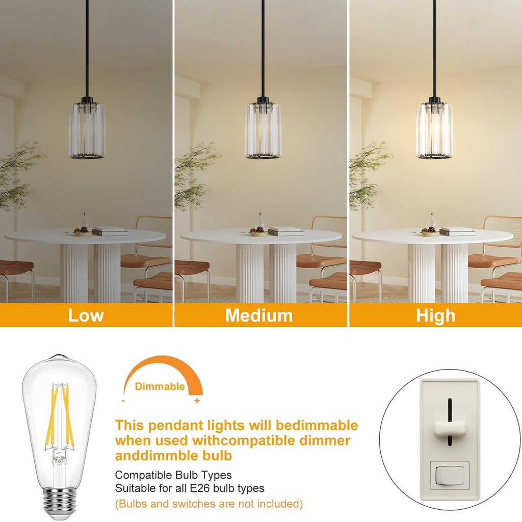 3 Pack Pendant Lights Kitchen Island, Modern Black Pendant Light Fixtures, Mini Chandelier Crystal Kitchen Island