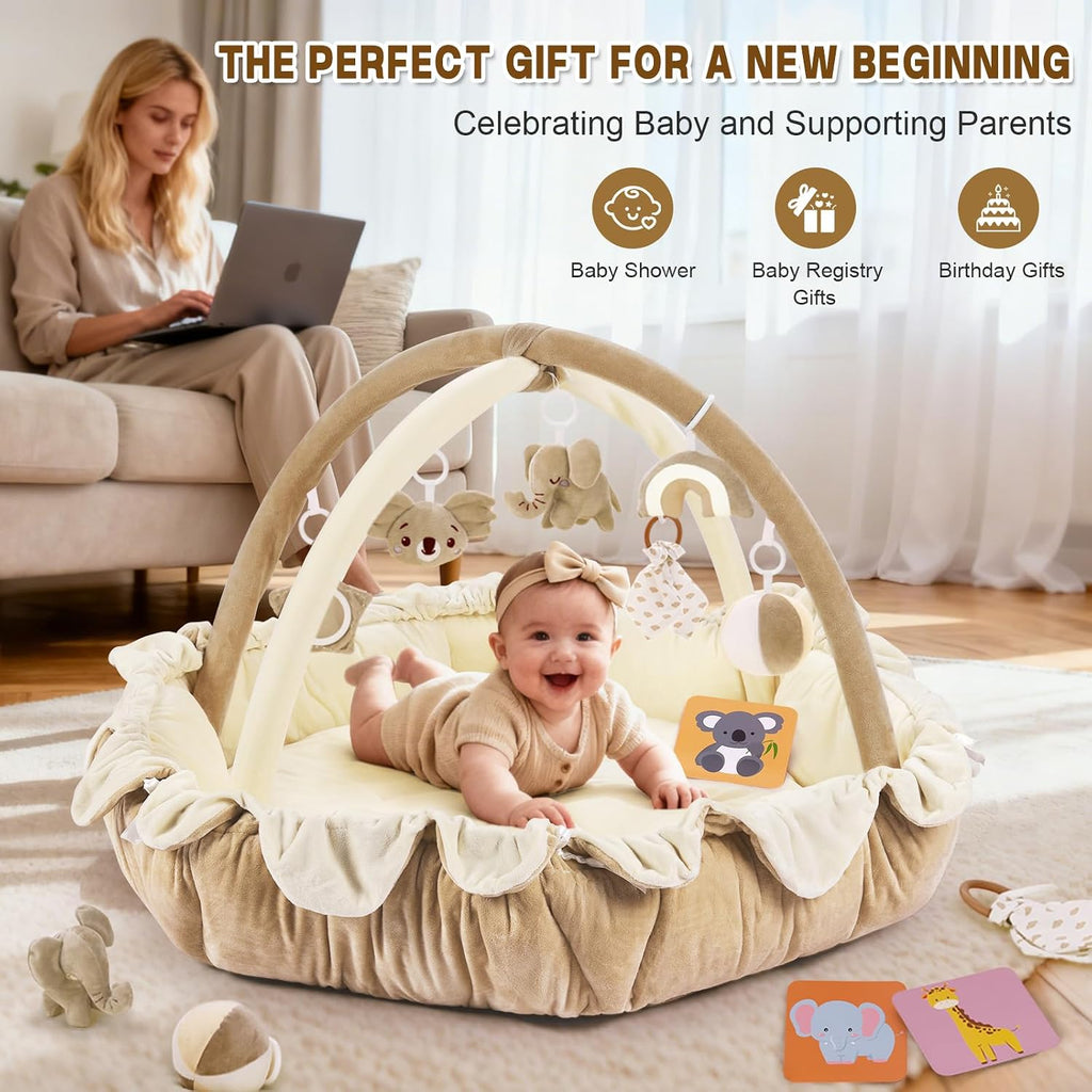 In-1 Baby Activity Gym & Play Mat with 6 Hanging Toys, Tummy Time Mat & Cards - Extra Large, Reversible Machine