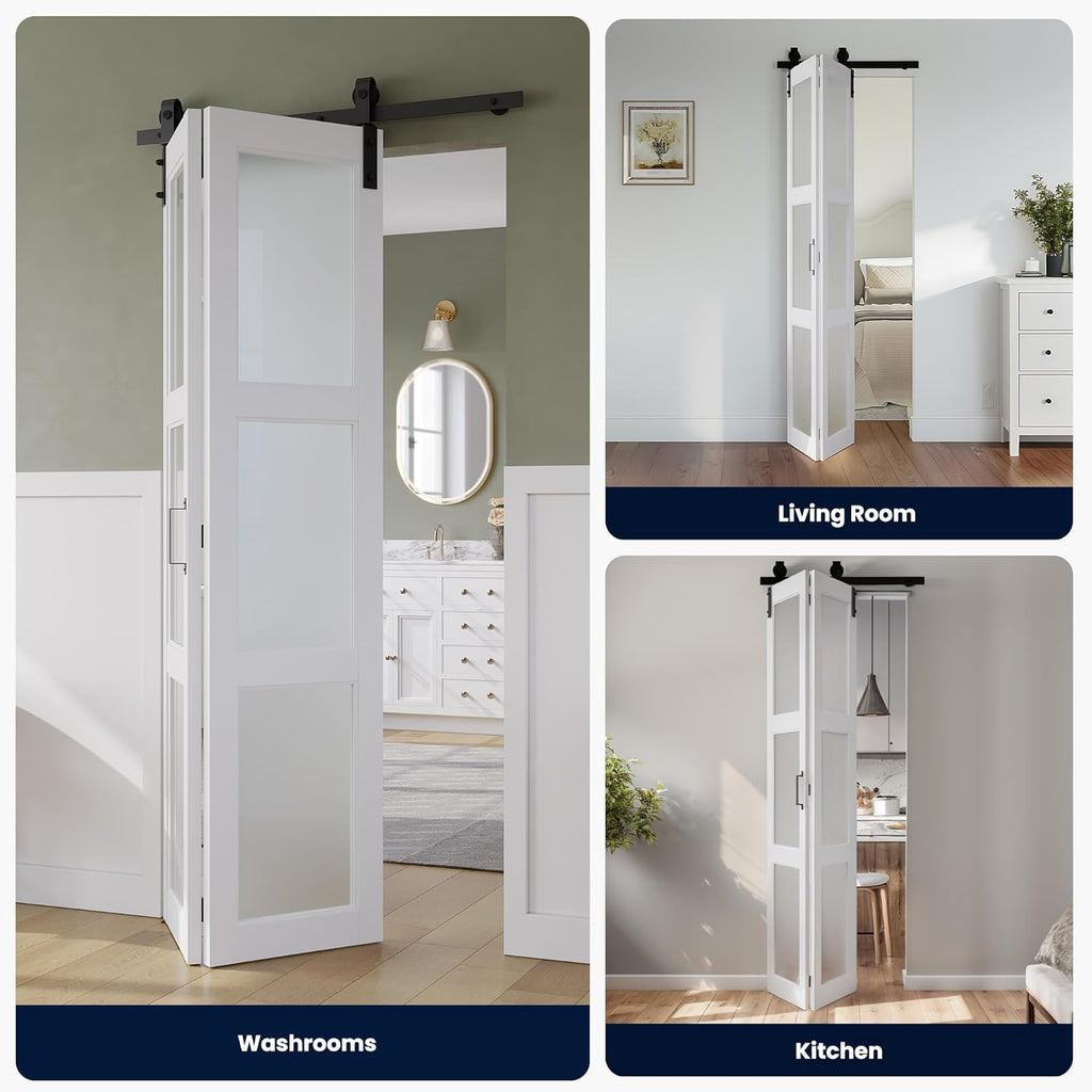 28in x 84in Bifold Barn Door, Frosted Glass Barn Door with Hardware Kit Included, Pre-Drilled Holes 