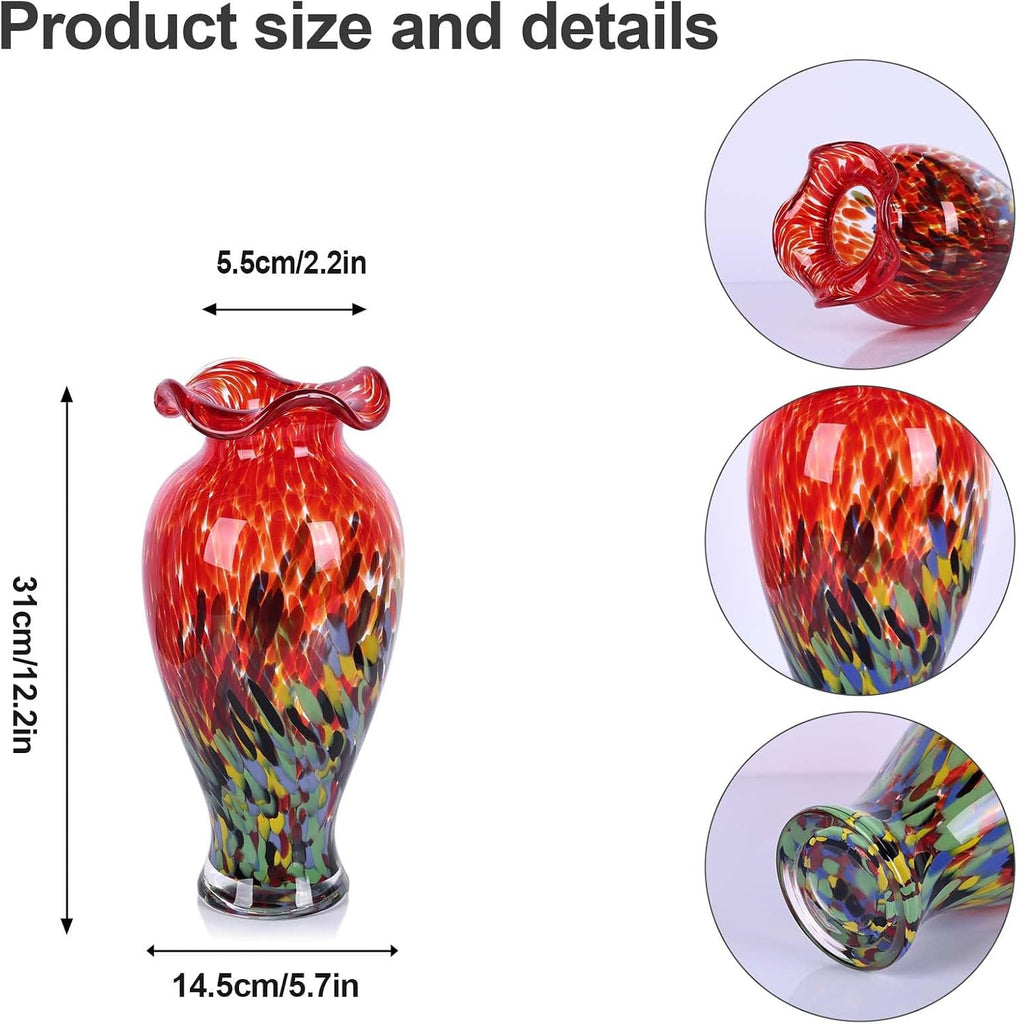 12.2H Murano Hand Blown Glass Vase, Ruffled Scalloped Rim Wide Mouth Colorful Decorative Flower Vase, Large Glass