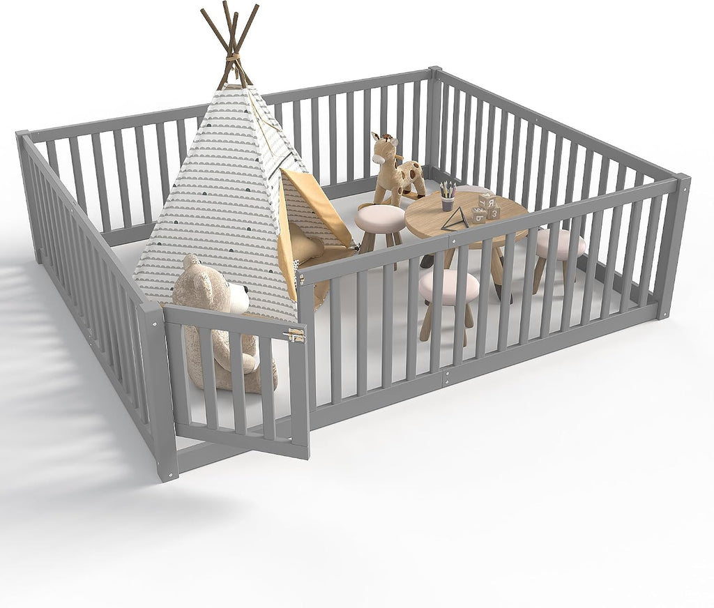 Queen Size Floor Bed with Detachable Door, Wood Kids Floor Bed Queen with Full-length Guardrails, Montessori Floor