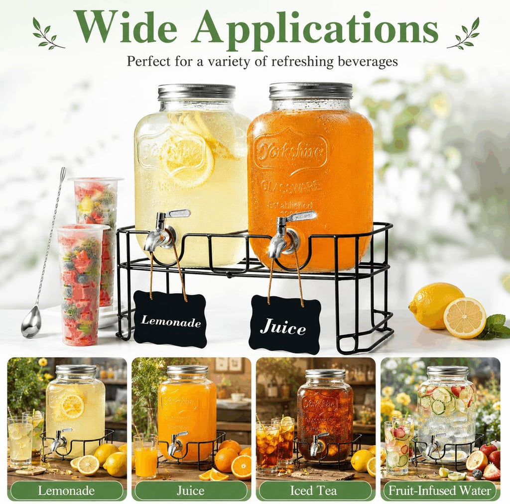 2-Pack 1-Gallon with Heavy-Duty Wire Stand - 304 Stainless Steel Spigot & Mixing Spoon - 100% Leakproof Mason Jar - Set of 2