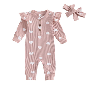 Newborn Baby Girl Valentine Outfits Long Sleeve One Pieces Romper Bodysuit Heart Print Cotton Linen Romper (Pink, 3-6