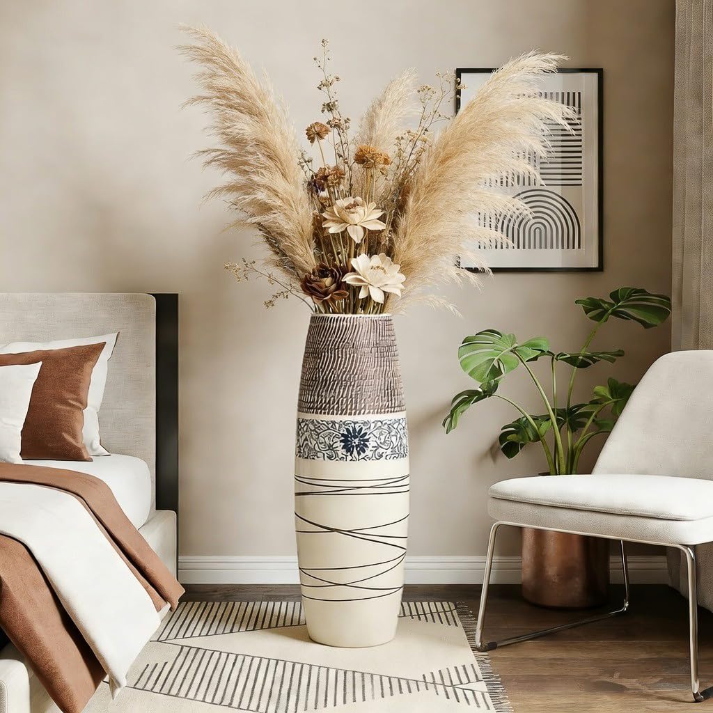 Tall Floor Vase 32 inches, Thick Ceramic Large Rustic Vases Decor Living Room, Boho Textured Decorative Vases Wide
