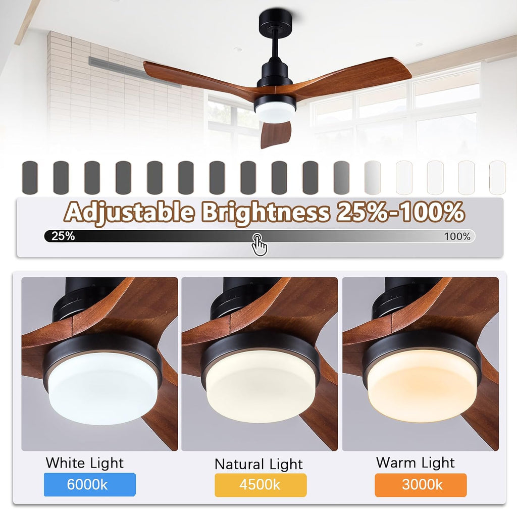 42" Quiet Solid Wood Ceiling Fan, 6-Speed Remote Control (Black + Walnut)