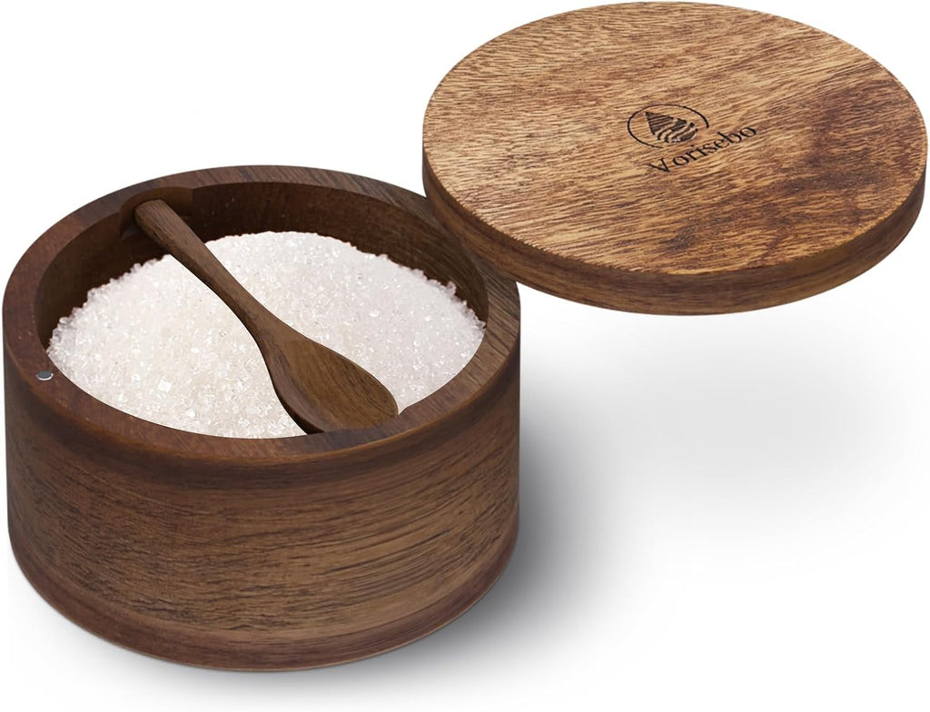 Salt Cellar with Lid & Spoon, Acacia Wood Salt Container, Salt Holder